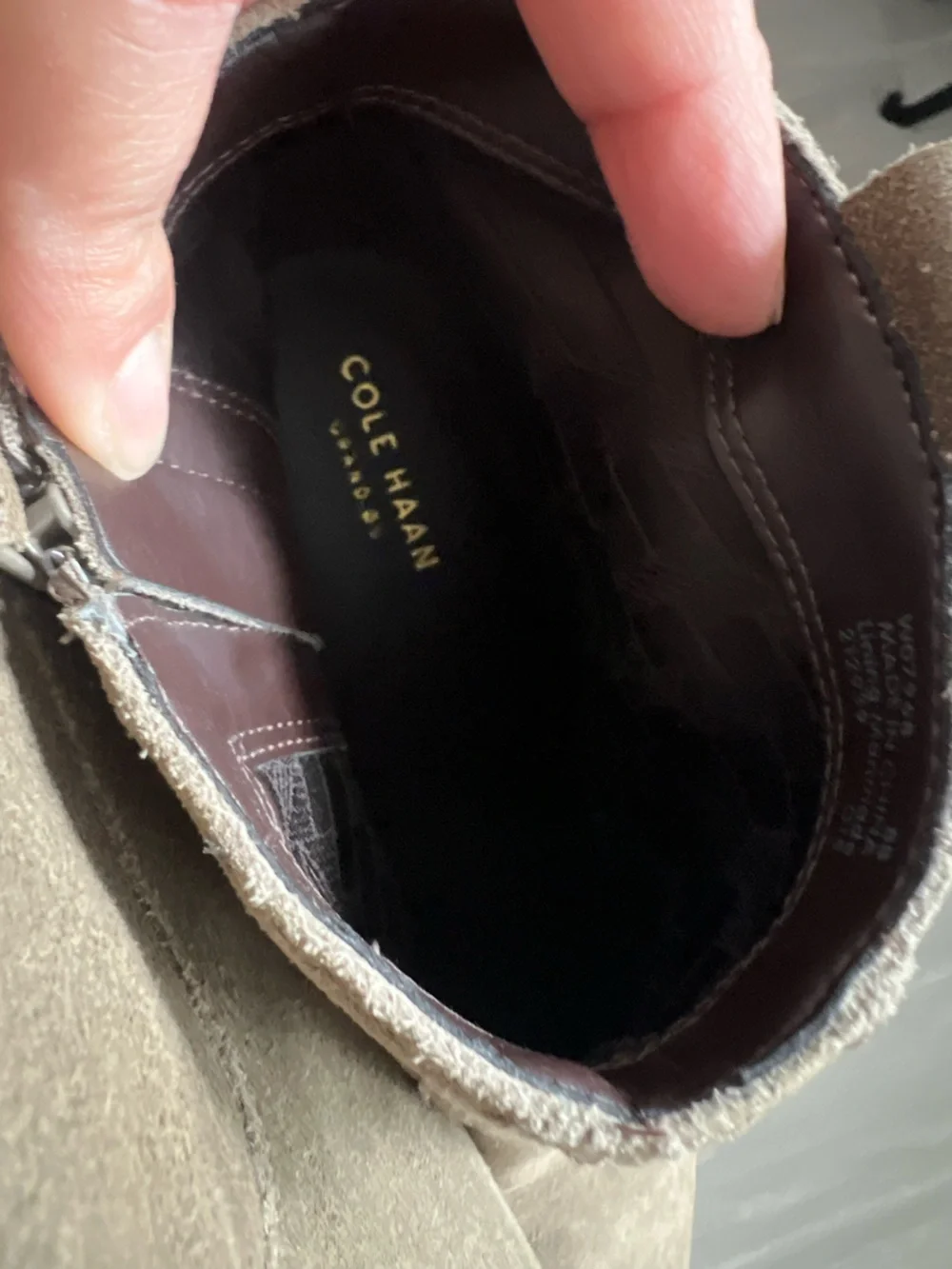 Cole Haan Suede Wedge Ankle Booties Taupe Brown Tassel Zip Size 8B